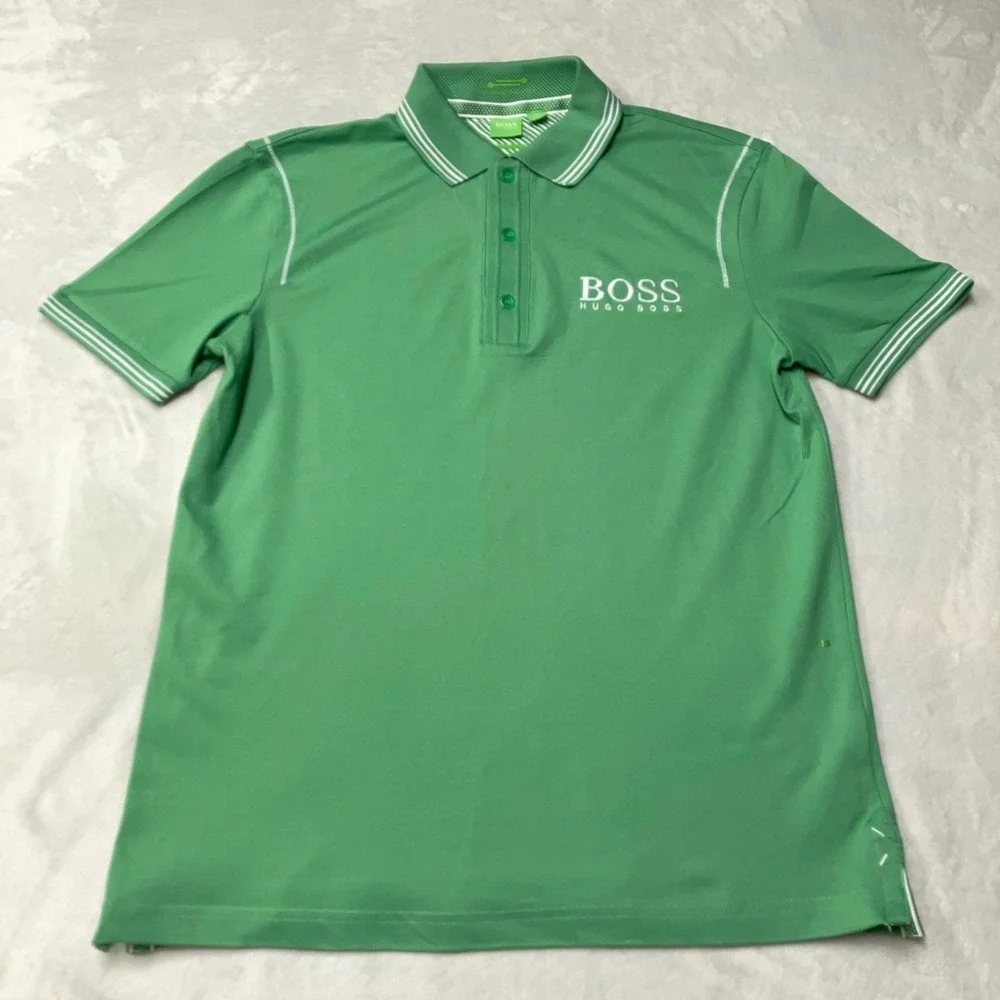 Hugo Boss Polo Shirt Paddy Pro 1 Moisture Manager Green Striped Trim Mens Size S
